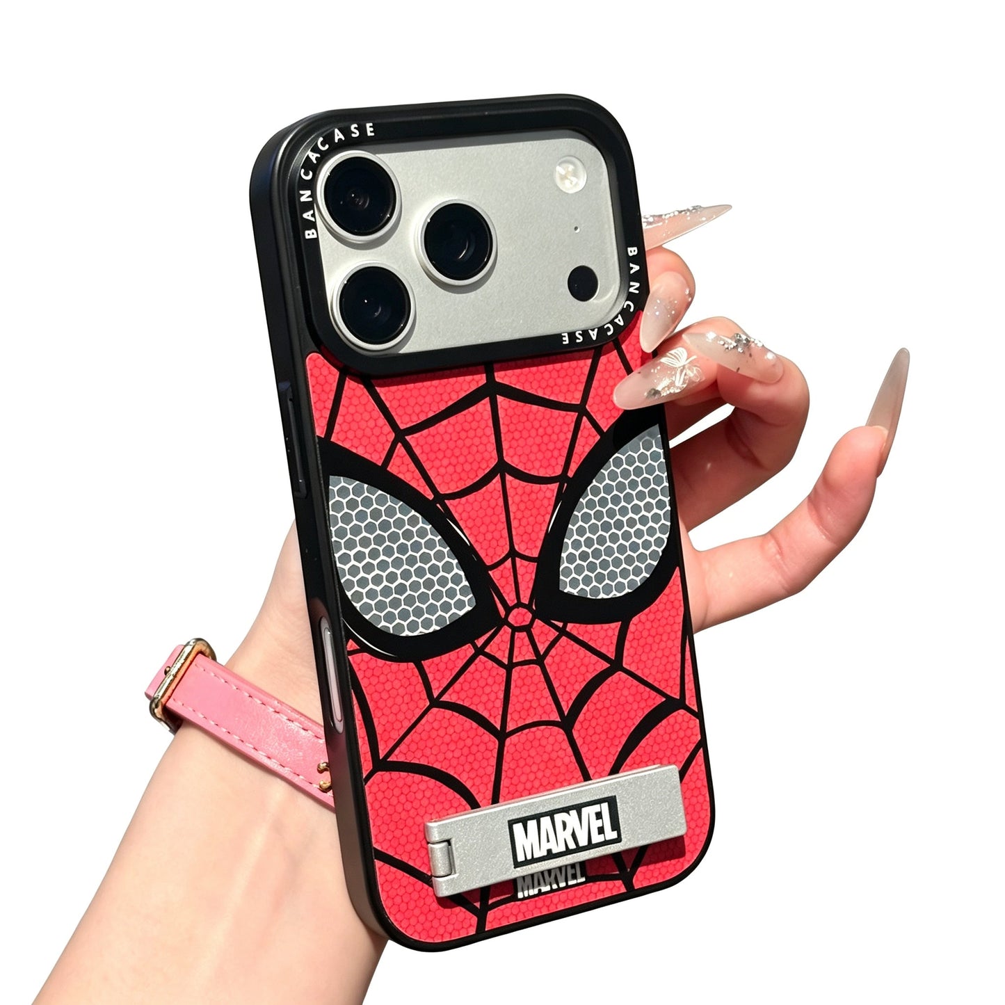 Marvel Spider-Man Web Face Print Phone Case With Built-in Metal Kickstand Slim Shockproof Soft Bumper Precise Cutout Anti-Scratch Protective Cover For iPhone Series
