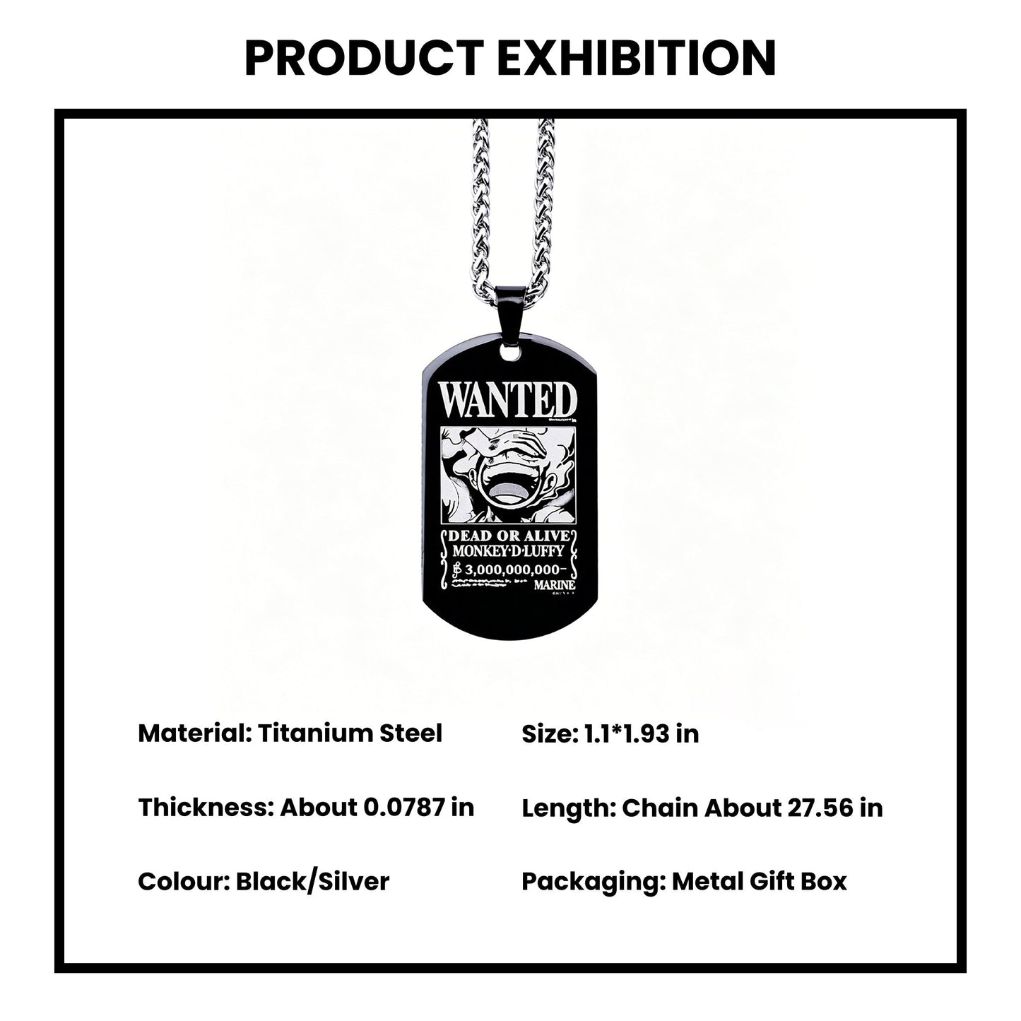 One Piece Luffy Sanji Wanted Poster Dog Tag Necklace, Titanium Steel Anime Jewelry for Fans