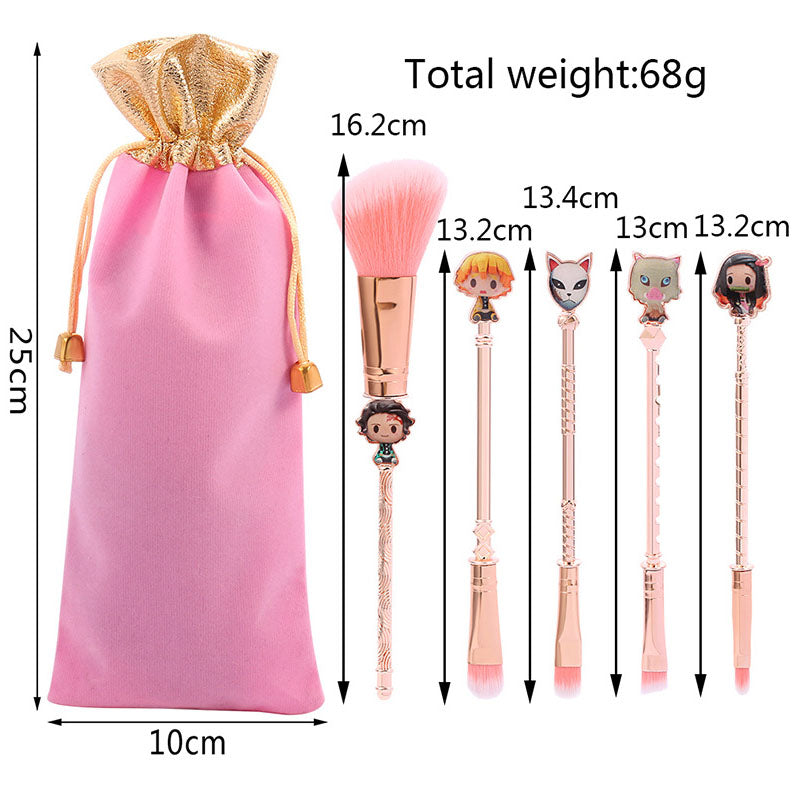 Demon Slayer Tanjiro Nezuko 5Pcs Anime Makeup Brush Set, Rose Gold Cosmetic Brushes with Storage Pouch