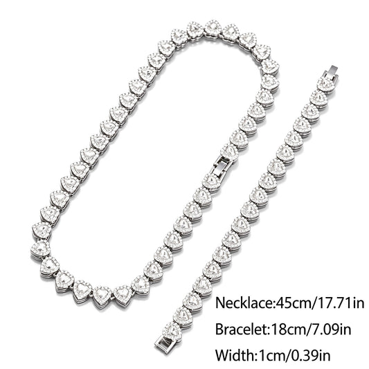Heart Shape Cubic Zirconia Cuban Link Jewelry Set Sparkly Halo Heart Tennis Necklace & Bracelet 2-Piece Silver Plated Couple Daily Party Wear Jewelry For Men Women Gift Collection