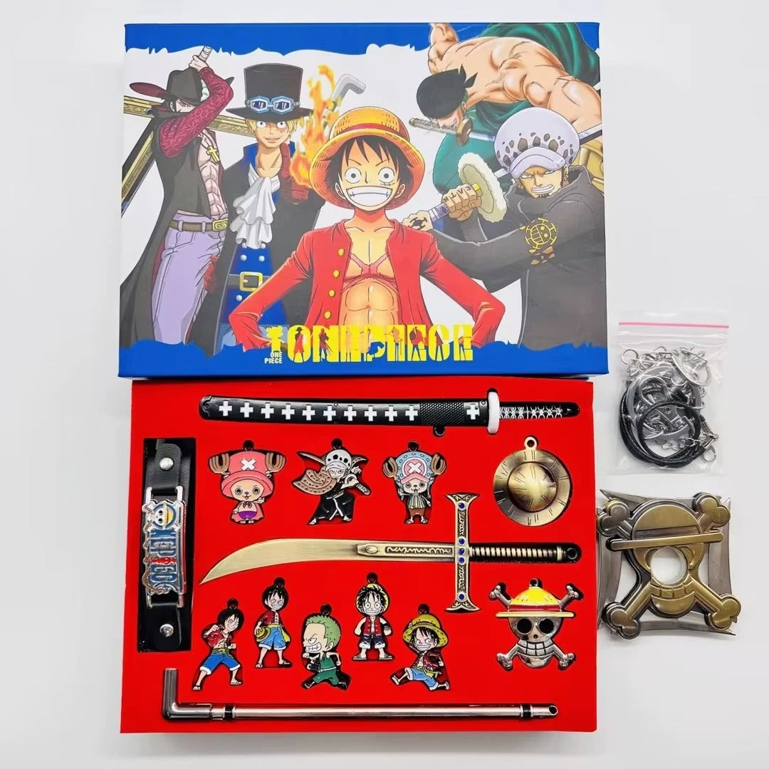 One Piece Luffy Zoro Anime Jewelry Gift Set, Wanted Poster Keychain Sword Devil Fruit Metal Pendant Collection Box