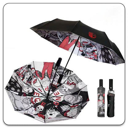 One Piece Monkey D Luffy Roronoa Zoro Automatic Folding Umbrella, Straw Hat Crew Anime Print Black Glue UV Protection Windproof Rain Sun Umbrella
