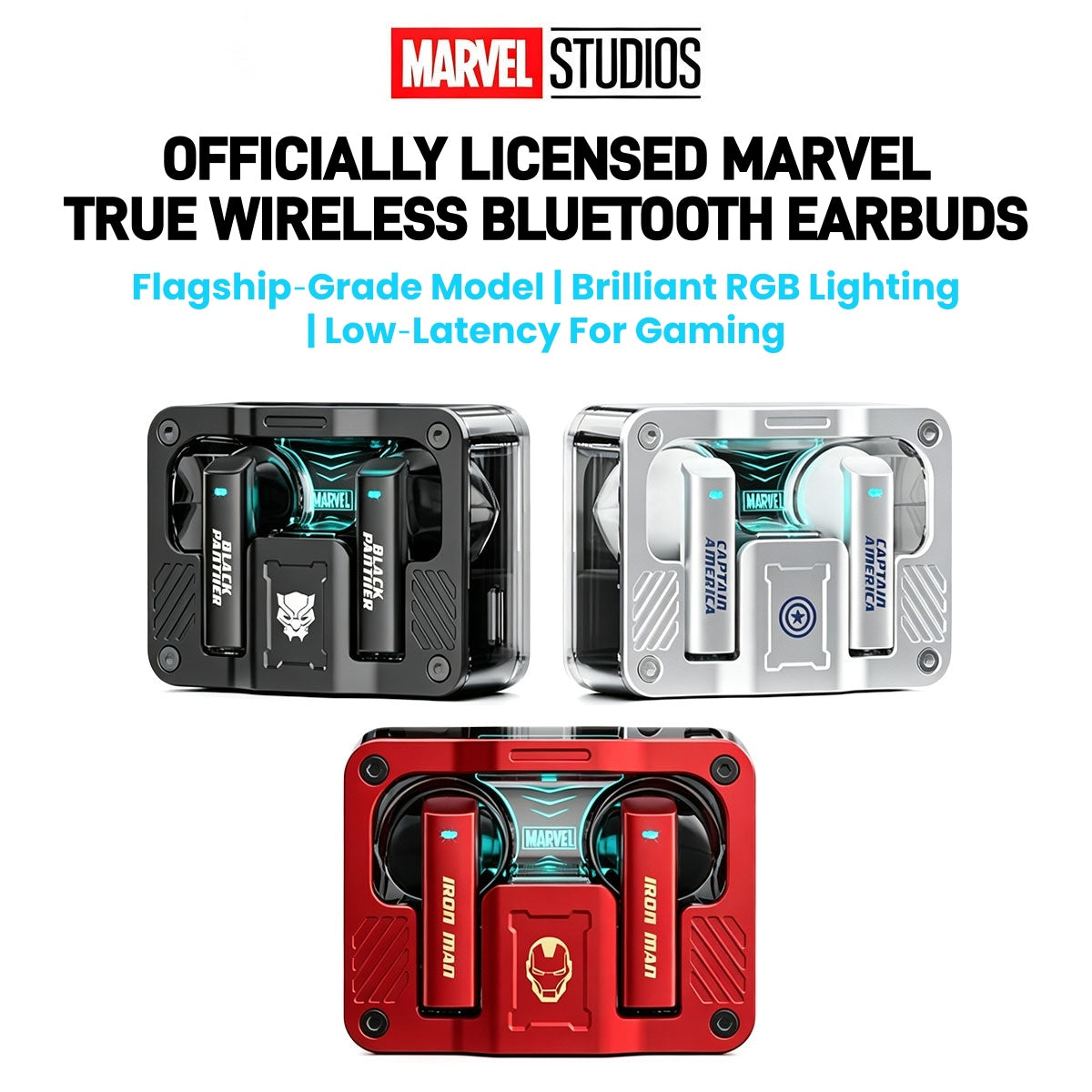Marvel Iron Man Captain America Black Panther True Wireless Bluetooth 5.3 Earbuds RGB Lighting Transparent Zinc Alloy Charging Case Low Latency Gaming Touch Control TWS Headphones