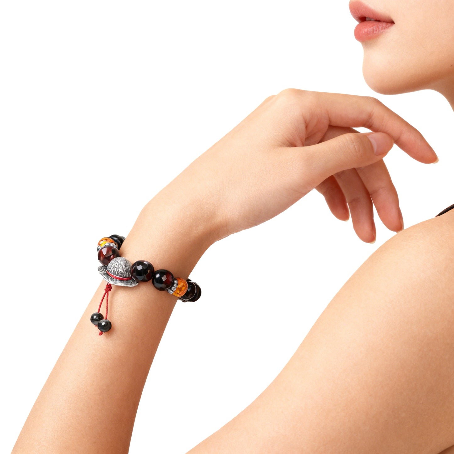 One Piece Luffy Ace Sabo Beaded Bracelet, Anime Character Natural Stone Bead Bracelet with Hat Charm, Adjustable Cosplay Jewelry Gift for Anime Fans Men Women