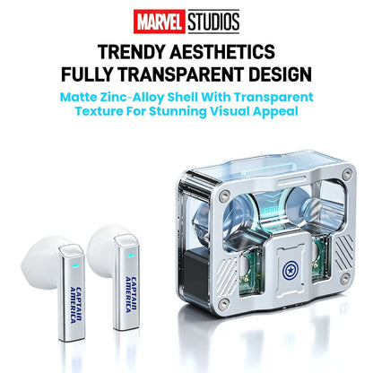 Marvel Iron Man Captain America Black Panther True Wireless Bluetooth 5.3 Earbuds RGB Lighting Transparent Zinc Alloy Charging Case Low Latency Gaming Touch Control TWS Headphones