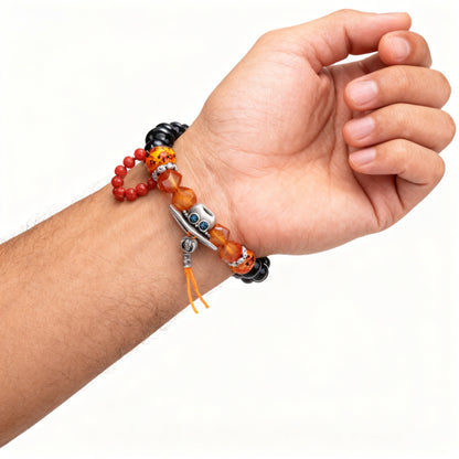 One Piece Luffy Ace Sabo Beaded Bracelet, Anime Character Natural Stone Bead Bracelet with Hat Charm, Adjustable Cosplay Jewelry Gift for Anime Fans Men Women
