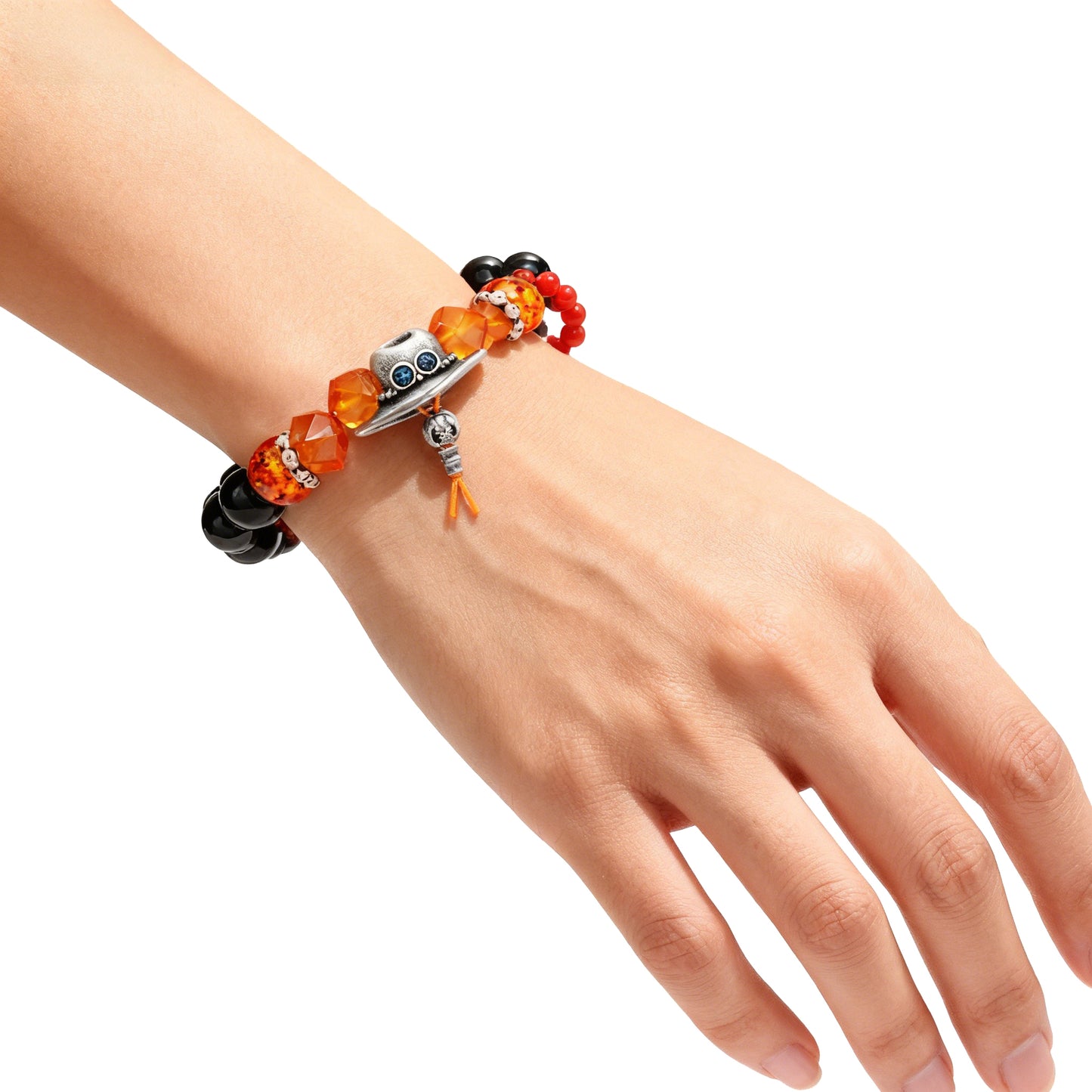 One Piece Luffy Ace Sabo Beaded Bracelet, Anime Character Natural Stone Bead Bracelet with Hat Charm, Adjustable Cosplay Jewelry Gift for Anime Fans Men Women
