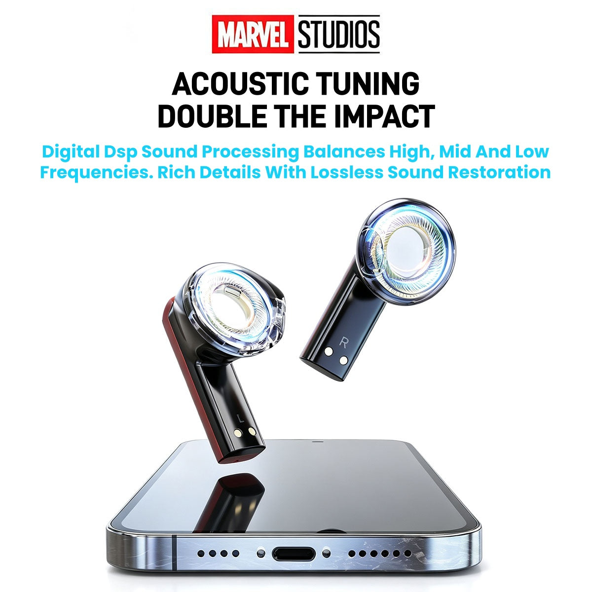 Marvel Iron Man Captain America Black Panther True Wireless Bluetooth 5.3 Earbuds RGB Lighting Transparent Zinc Alloy Charging Case Low Latency Gaming Touch Control TWS Headphones