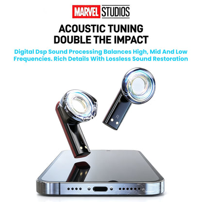 Marvel Iron Man Captain America Black Panther True Wireless Bluetooth 5.3 Earbuds RGB Lighting Transparent Zinc Alloy Charging Case Low Latency Gaming Touch Control TWS Headphones