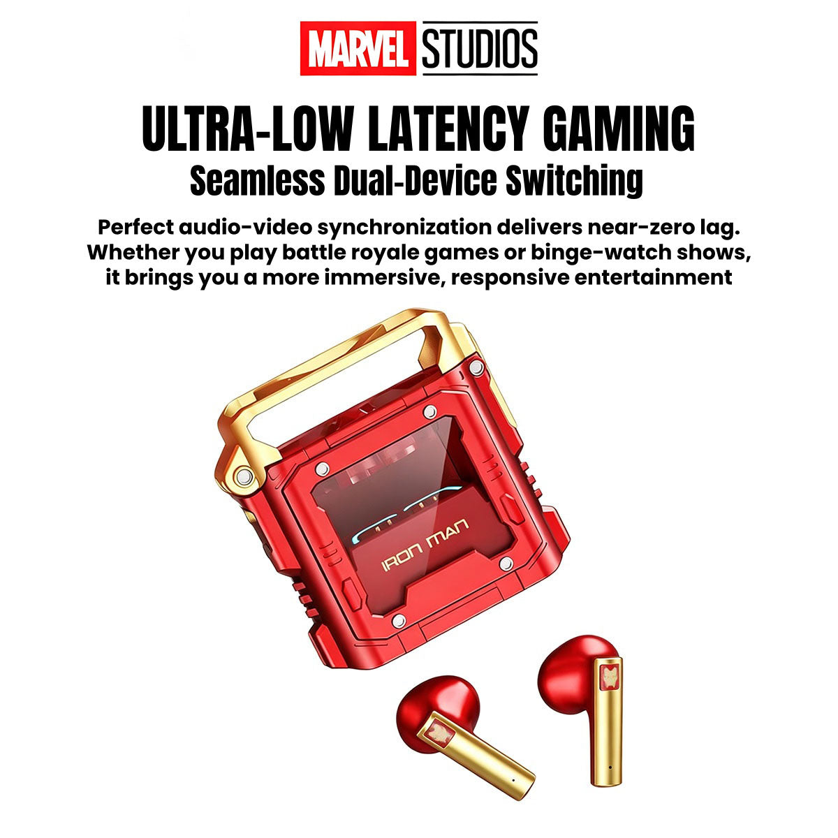 Marvel Studios Iron Man Captain America Black Panther TWS True Wireless Bluetooth 5.3 Earbuds Zinc Alloy Charging Case Ultra Low Latency Gaming Headphones 24H Playtime 13mm Driver In Ear Earphones