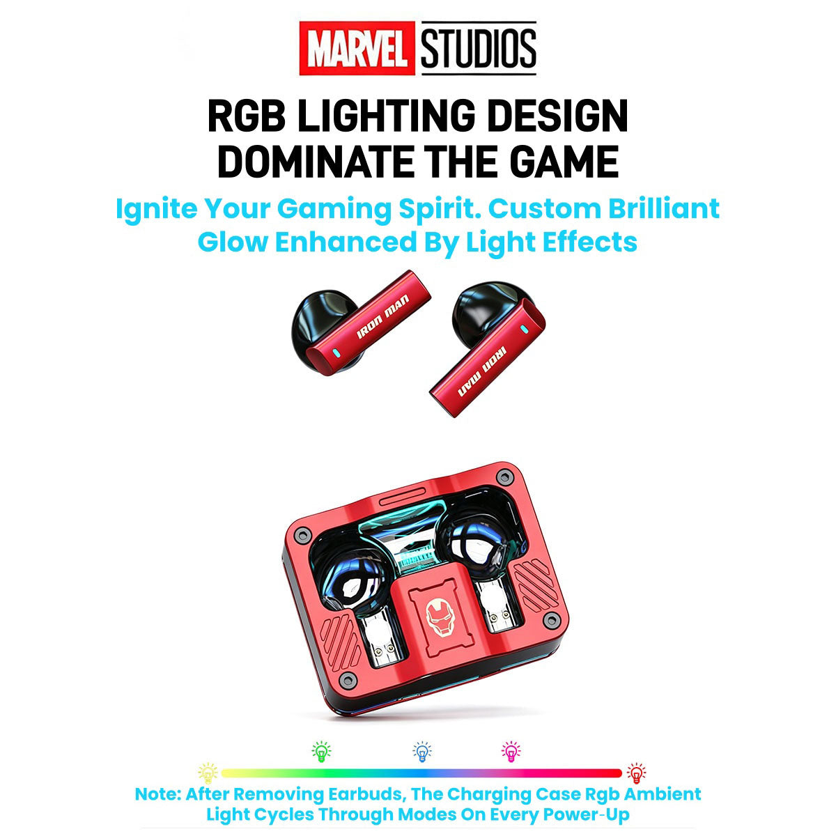 Marvel Iron Man Captain America Black Panther True Wireless Bluetooth 5.3 Earbuds RGB Lighting Transparent Zinc Alloy Charging Case Low Latency Gaming Touch Control TWS Headphones