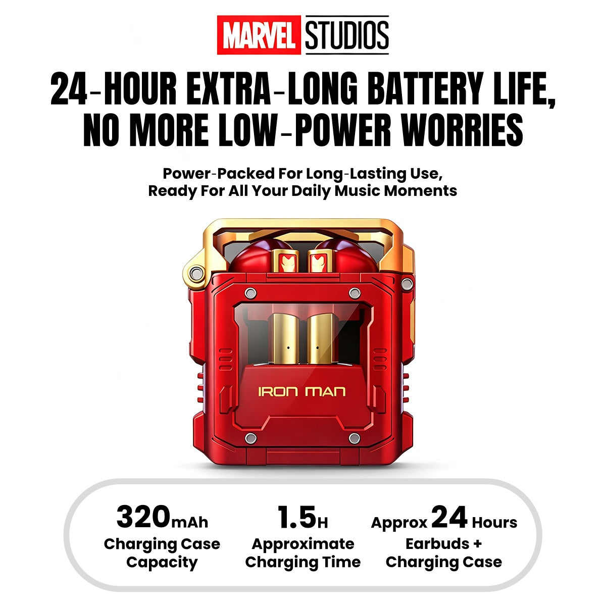 Marvel Studios Iron Man Captain America Black Panther TWS True Wireless Bluetooth 5.3 Earbuds Zinc Alloy Charging Case Ultra Low Latency Gaming Headphones 24H Playtime 13mm Driver In Ear Earphones