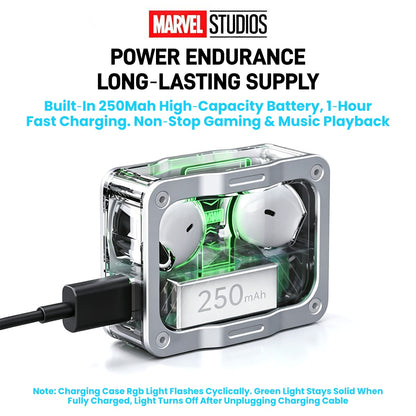 Marvel Iron Man Captain America Black Panther True Wireless Bluetooth 5.3 Earbuds RGB Lighting Transparent Zinc Alloy Charging Case Low Latency Gaming Touch Control TWS Headphones