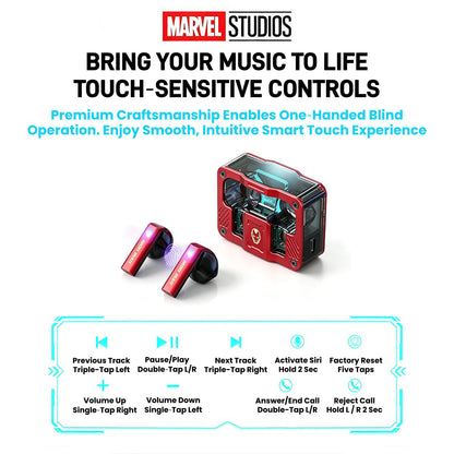 Marvel Iron Man Captain America Black Panther True Wireless Bluetooth 5.3 Earbuds RGB Lighting Transparent Zinc Alloy Charging Case Low Latency Gaming Touch Control TWS Headphones