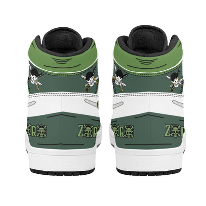 One Piece Roronoa Zoro Three Swords Style Anime Print High Top Sneakers, Straw Hat Pirates Skull Logo Casual Street Skate Shoes