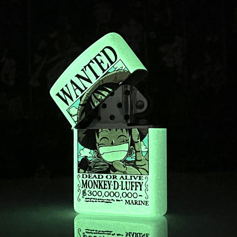 One Piece Monkey D. Luffy Wanted Poster Lighter, Glow‑in‑the‑Dark Windproof Kerosene Lighter, Anime Collectible Reusable Metal Lighter for Fans Collection