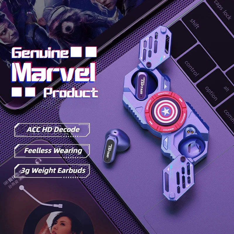 Marvel Iron Man Captain America Fidget Spinner TWS Bluetooth 5.4 Earbuds, Zinc Alloy Mecha Magnetic Flip Wireless Earphones