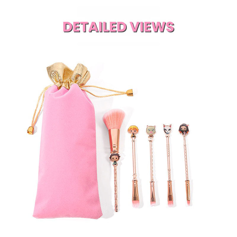 Demon Slayer Tanjiro Nezuko 5Pcs Anime Makeup Brush Set, Rose Gold Cosmetic Brushes with Storage Pouch