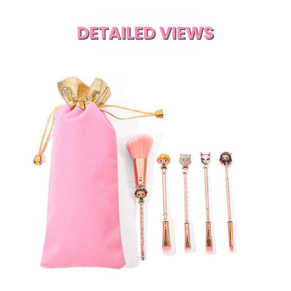 Demon Slayer Tanjiro Nezuko 5Pcs Anime Makeup Brush Set, Rose Gold Cosmetic Brushes with Storage Pouch