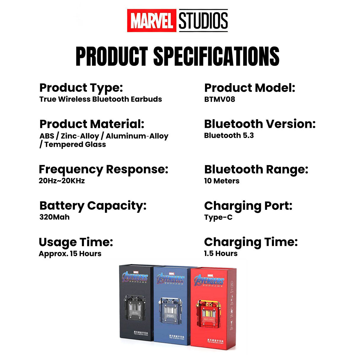 Marvel Studios Iron Man Captain America Black Panther TWS True Wireless Bluetooth 5.3 Earbuds Zinc Alloy Charging Case Ultra Low Latency Gaming Headphones 24H Playtime 13mm Driver In Ear Earphones