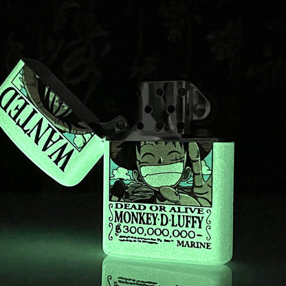 One Piece Monkey D. Luffy Wanted Poster Lighter, Glow‑in‑the‑Dark Windproof Kerosene Lighter, Anime Collectible Reusable Metal Lighter for Fans Collection
