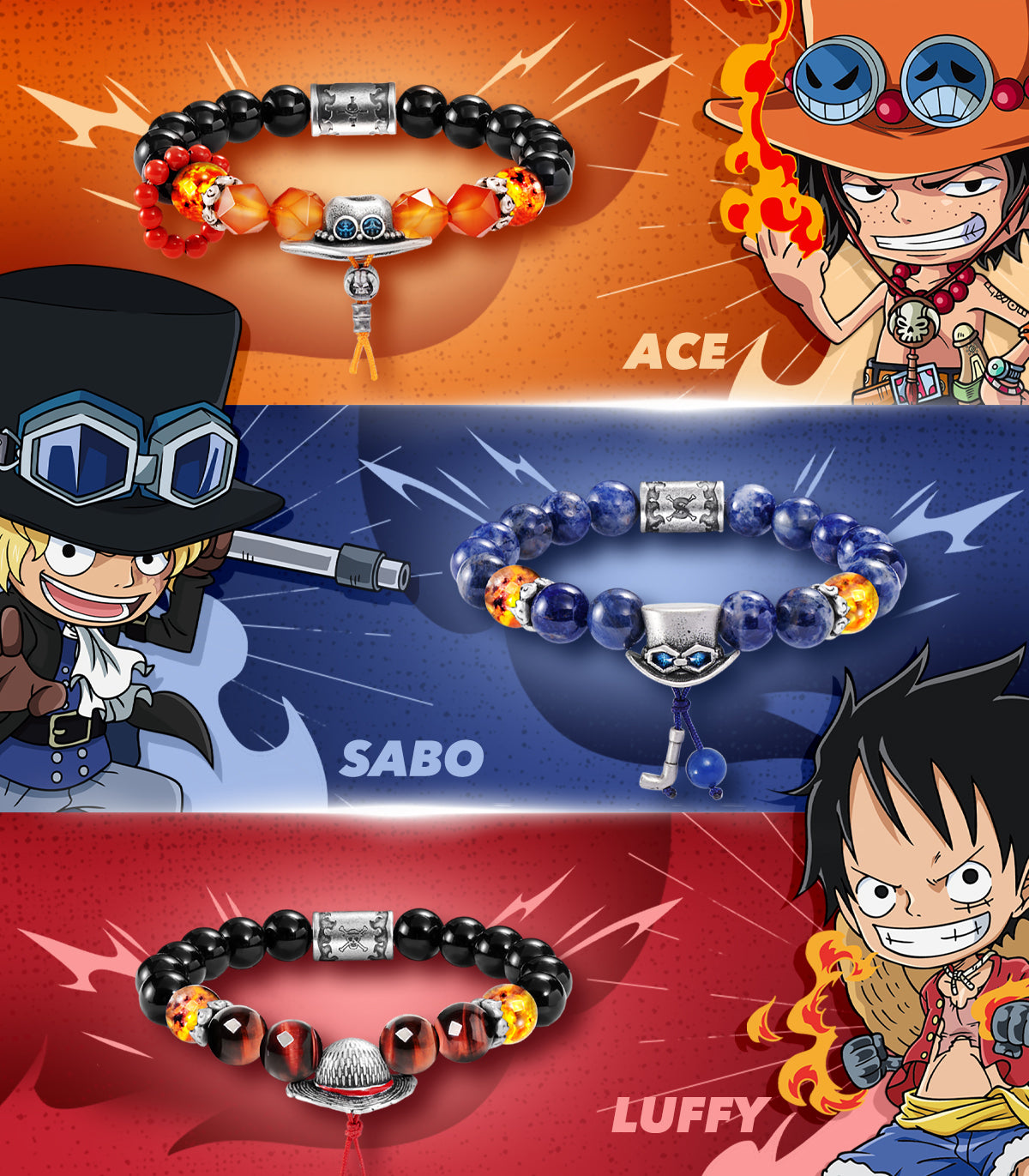 One Piece Ace Luffy Sabo Beaded Bracelet | Three Brothers Anime Charm Wristband