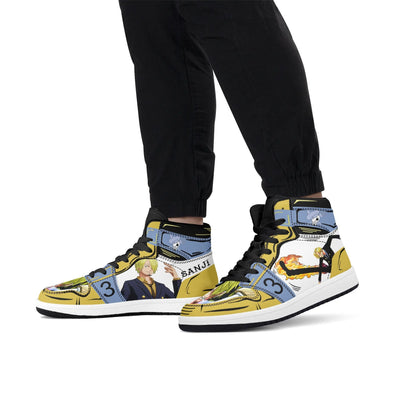 One Piece Sanji Fire Kick Graphic High Top Sports Sneakers, Yellow Blue Color Block Anime Character Streetwear Leather Shoes