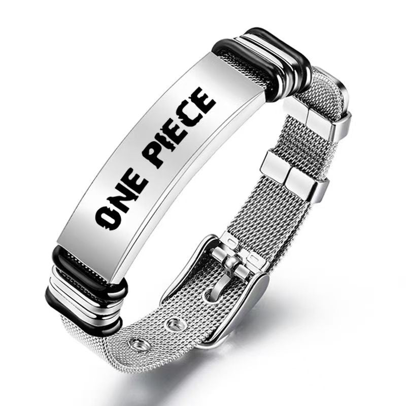 One Piece Monkey D Luffy Roronoa Zoro Engraved Wanted Poster Stainless Steel Mesh Bracelet, Adjustable Anime Wrist Band Jewelry Gift