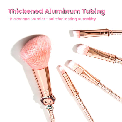 Demon Slayer Tanjiro Nezuko 5Pcs Anime Makeup Brush Set, Rose Gold Cosmetic Brushes with Storage Pouch