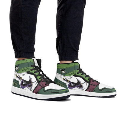 One Piece Roronoa Zoro Three Swords Style Anime Print High Top Sneakers, Straw Hat Pirates Skull Logo Casual Street Skate Shoes