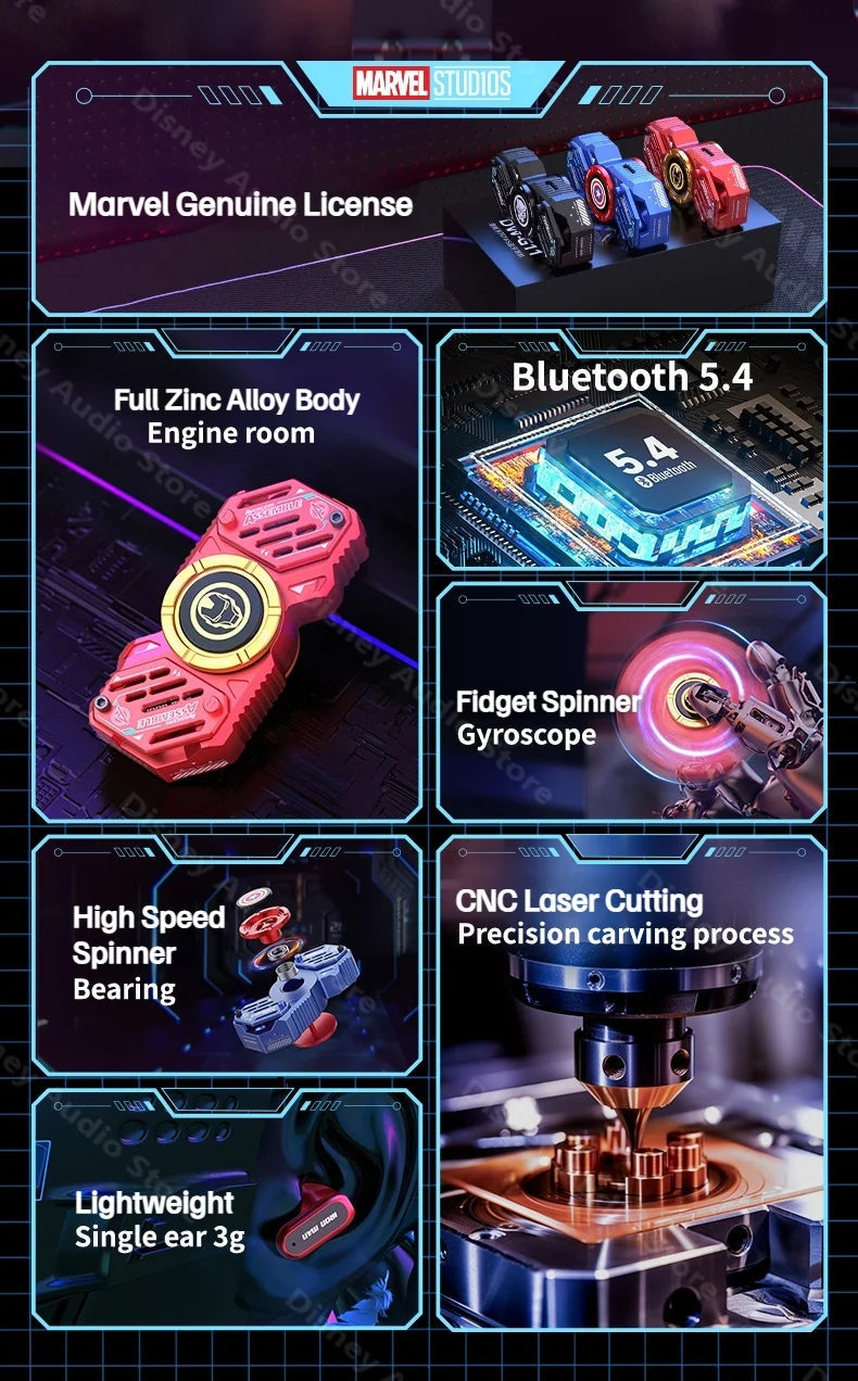 Marvel Iron Man Captain America Fidget Spinner TWS Bluetooth 5.4 Earbuds, Zinc Alloy Mecha Magnetic Flip Wireless Earphones