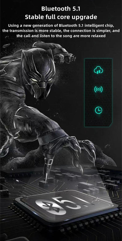 Marvel Iron Man Black Panther Wireless Earbuds, Marvel TWS Bluetooth 5.1 Headphones with LED Light