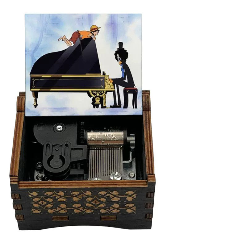 One Piece Luffy Brook Hand Crank Wooden Music Box, Plays Bink's Sake Anime Engraved Musical Gift Box