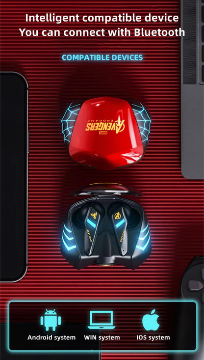 Marvel Spider-Man Iron Man Captain America Gaming Earbuds, Marvel TWS Wireless Headphones with LED Light
