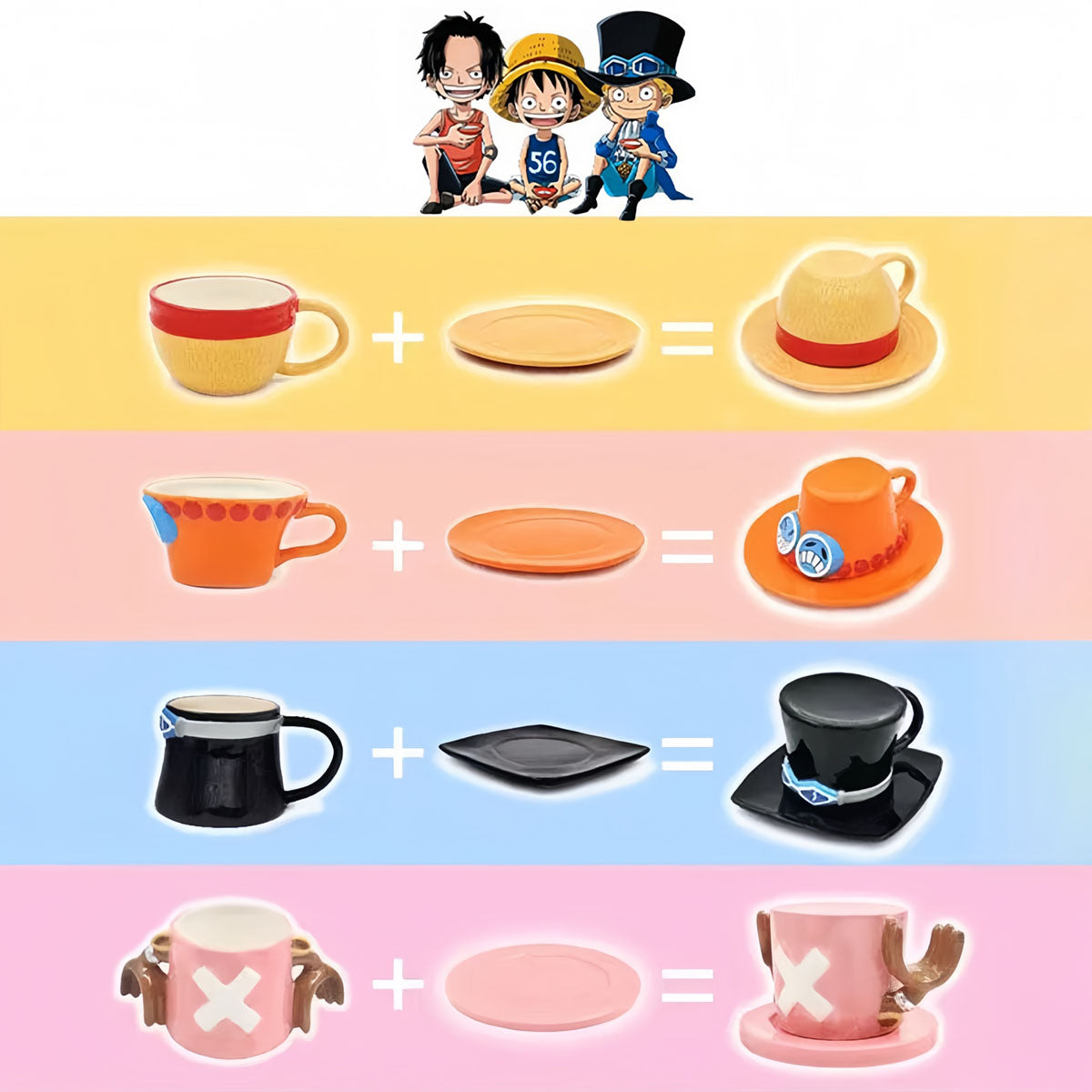 One Piece Monkey D. Luffy Portgas D. Ace Sabo Tony Tony Chopper 3D Hat‑Shaped Ceramic Mug With Saucer, Anime Relief Coffee Tea Cup Collectible Drinkware For Fans