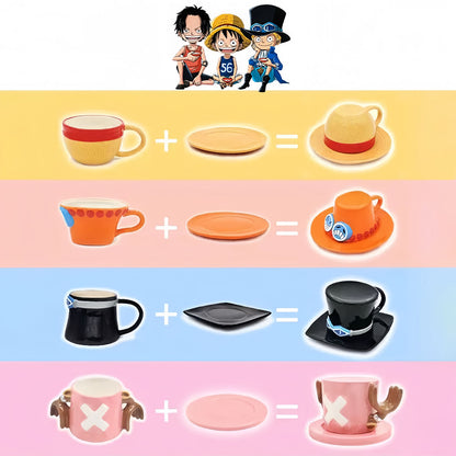 One Piece Monkey D. Luffy Portgas D. Ace Sabo Tony Tony Chopper 3D Hat‑Shaped Ceramic Mug With Saucer, Anime Relief Coffee Tea Cup Collectible Drinkware For Fans