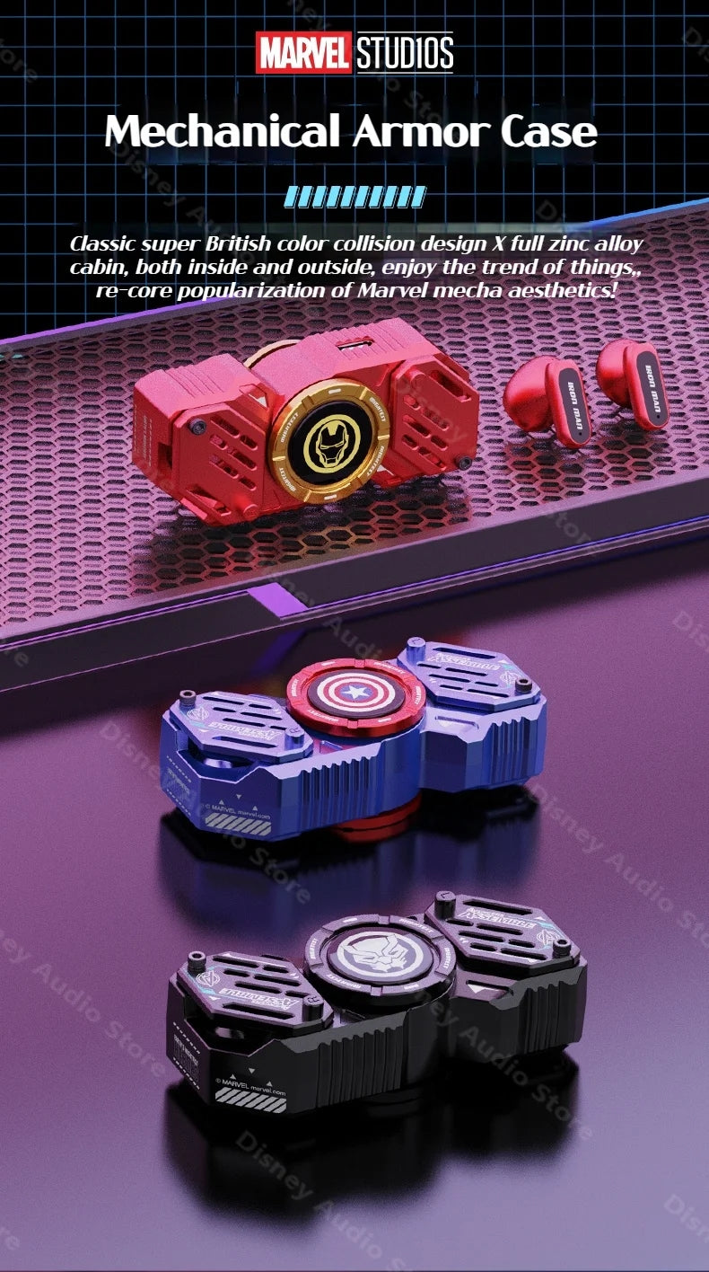 Marvel Iron Man Captain America Fidget Spinner TWS Bluetooth 5.4 Earbuds, Zinc Alloy Mecha Magnetic Flip Wireless Earphones