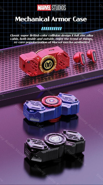 Marvel Iron Man Captain America Fidget Spinner TWS Bluetooth 5.4 Earbuds, Zinc Alloy Mecha Magnetic Flip Wireless Earphones