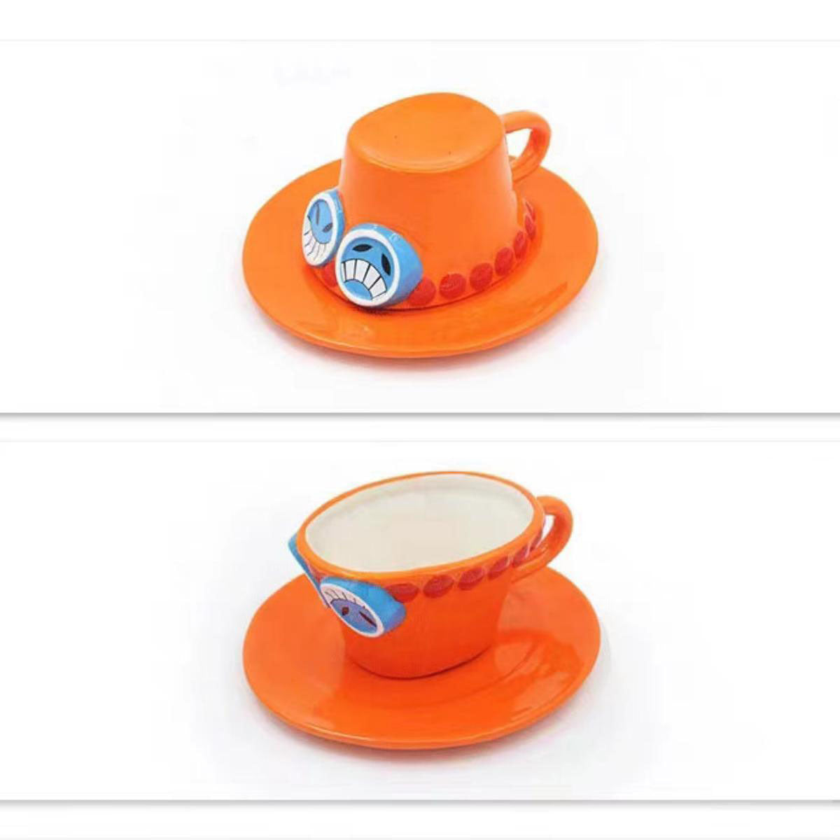 One Piece Monkey D. Luffy Portgas D. Ace Sabo Tony Tony Chopper 3D Hat‑Shaped Ceramic Mug With Saucer, Anime Relief Coffee Tea Cup Collectible Drinkware For Fans