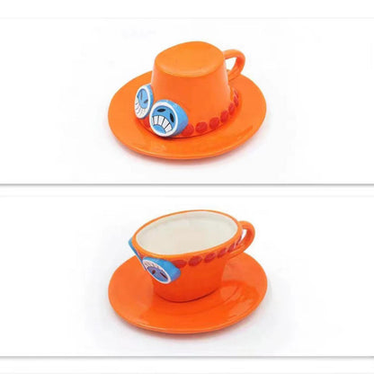 One Piece Monkey D. Luffy Portgas D. Ace Sabo Tony Tony Chopper 3D Hat‑Shaped Ceramic Mug With Saucer, Anime Relief Coffee Tea Cup Collectible Drinkware For Fans