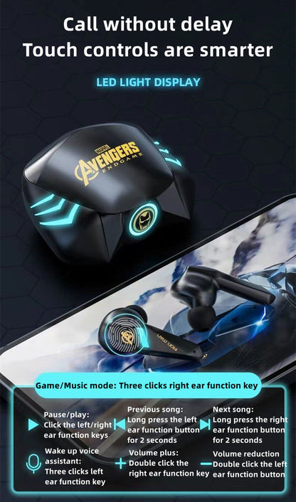 Marvel Spider-Man Iron Man Captain America Gaming Earbuds, Marvel TWS Wireless Headphones with LED Light