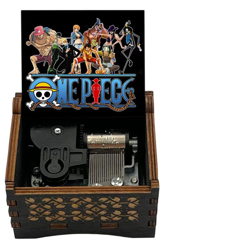 One Piece Luffy Brook Hand Crank Wooden Music Box, Plays Bink's Sake Anime Engraved Musical Gift Box