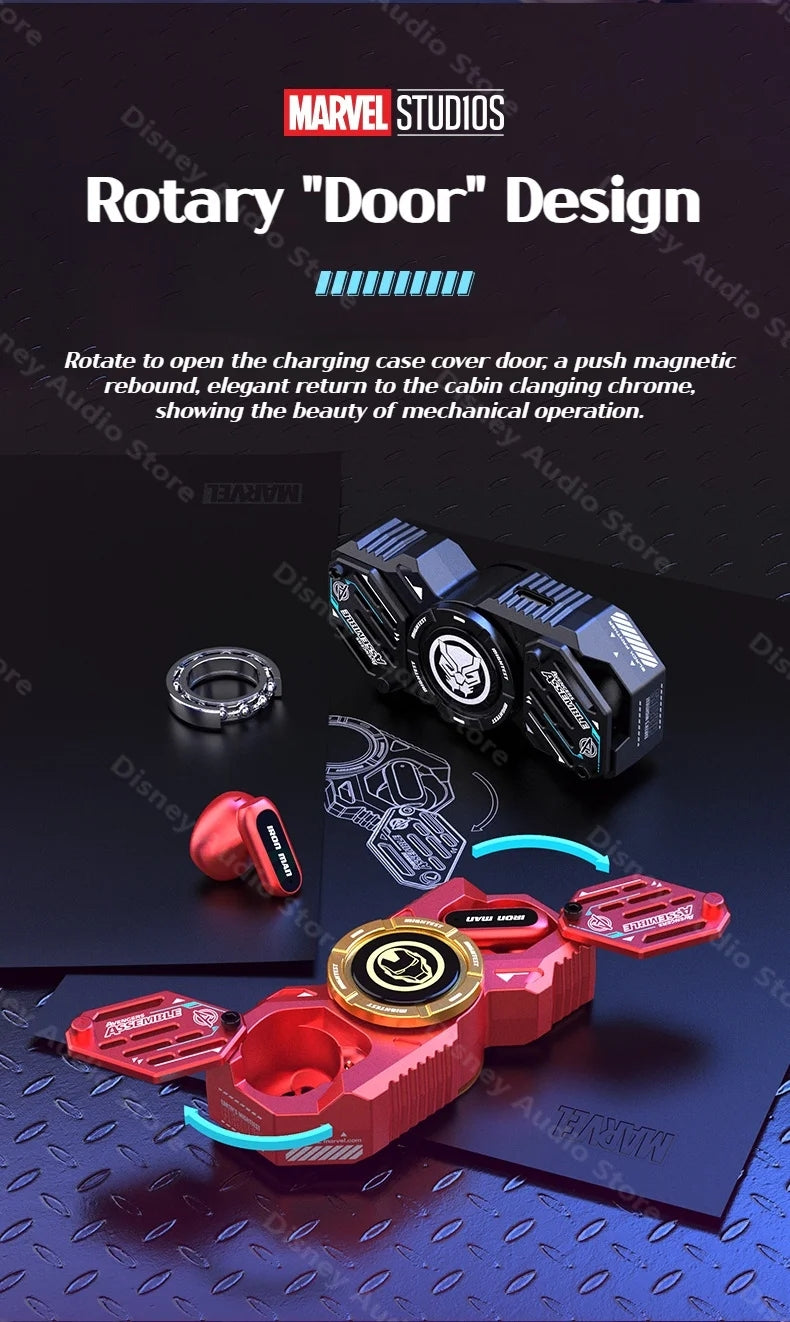 Marvel Iron Man Captain America Fidget Spinner TWS Bluetooth 5.4 Earbuds, Zinc Alloy Mecha Magnetic Flip Wireless Earphones