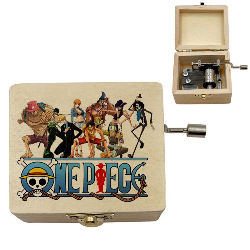 One Piece Luffy Brook Hand Crank Wooden Music Box, Plays Bink's Sake Anime Engraved Musical Gift Box
