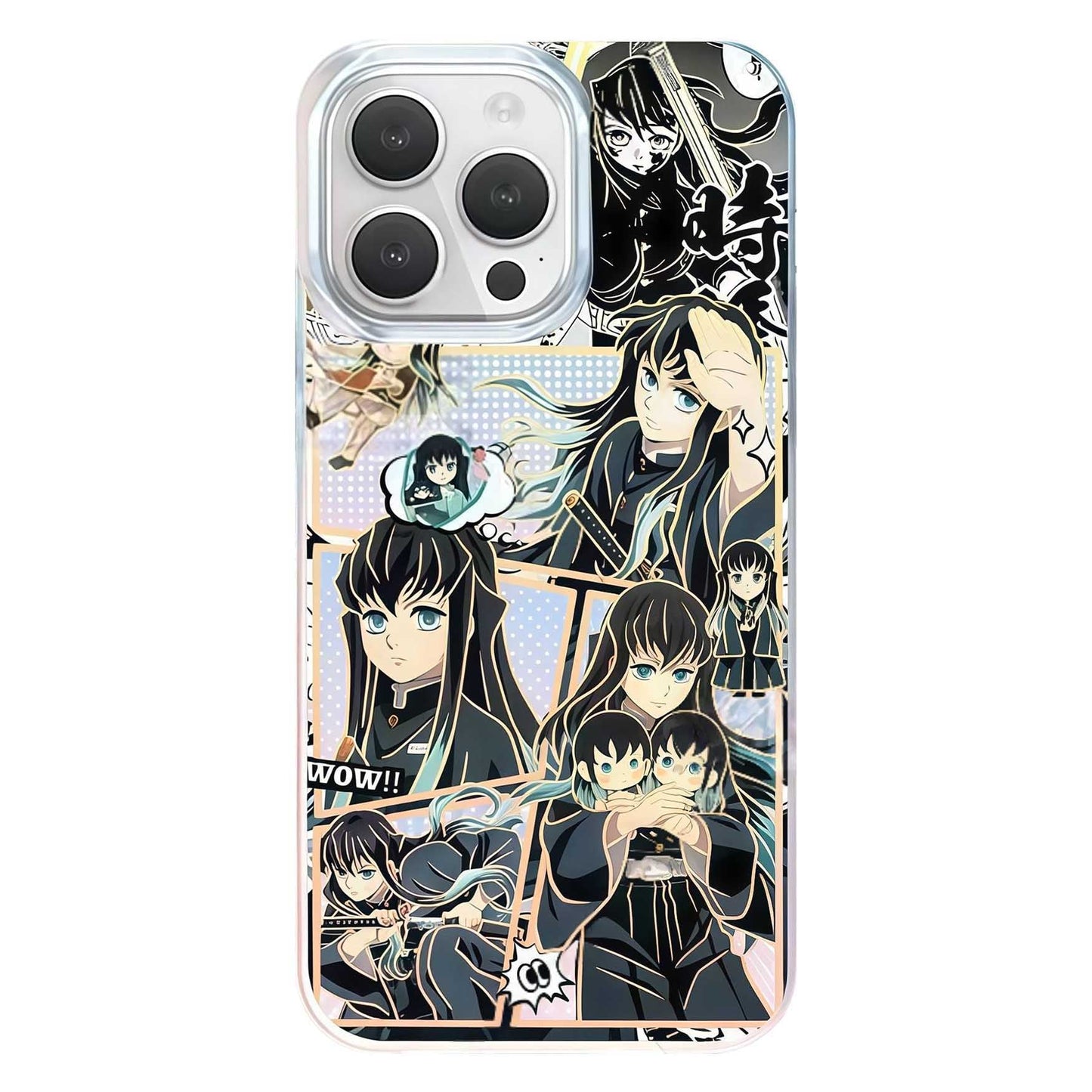 Demon Slayer Tokito Muichiro Anime Phone Case, Aurora Gradient Comic Collage Shockproof Airbag Protective Case For All iPhone Models Removable Lens Frame Clear Cell Phone Cover