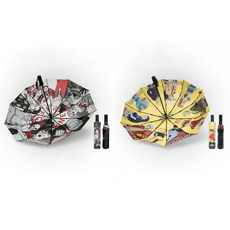 One Piece Monkey D Luffy Roronoa Zoro Automatic Folding Umbrella, Straw Hat Crew Anime Print Black Glue UV Protection Windproof Rain Sun Umbrella