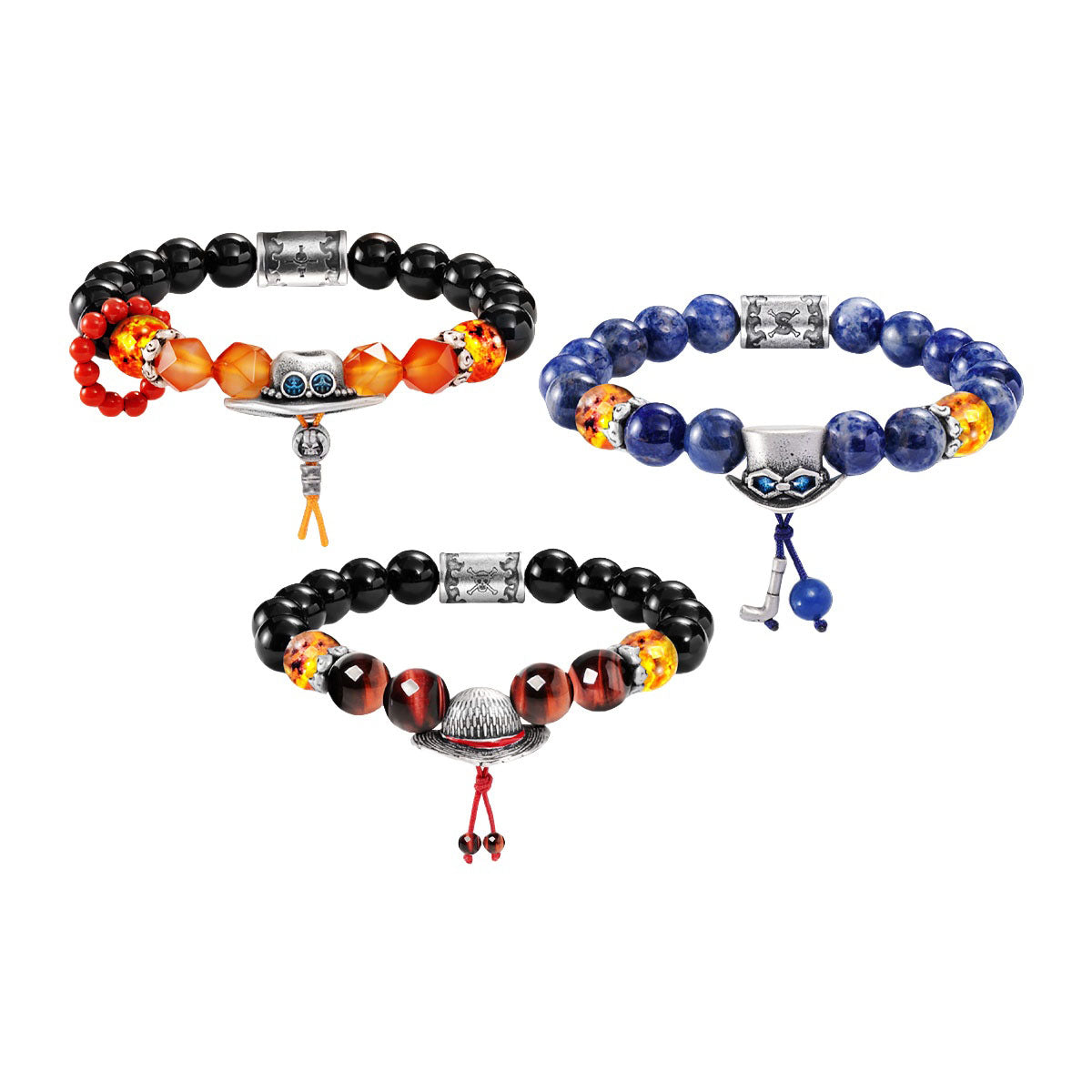 One Piece Luffy Ace Sabo Beaded Bracelet, Anime Character Natural Stone Bead Bracelet with Hat Charm, Adjustable Cosplay Jewelry Gift for Anime Fans Men Women
