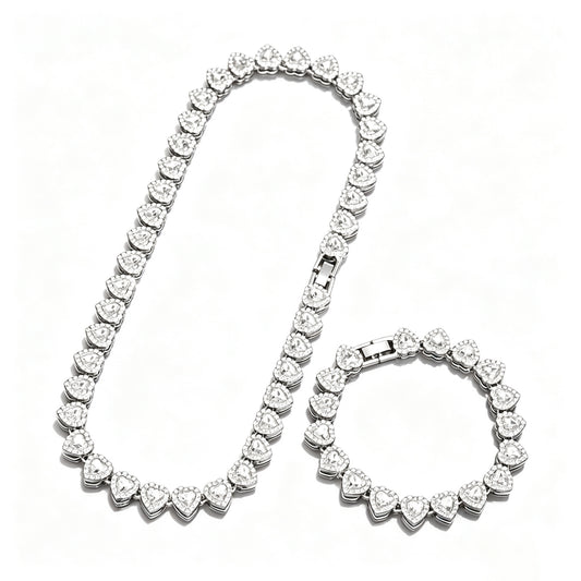 Heart Shape Cubic Zirconia Cuban Link Jewelry Set Sparkly Halo Heart Tennis Necklace & Bracelet 2-Piece Silver Plated Couple Daily Party Wear Jewelry For Men Women Gift Collection