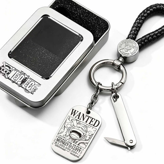 One Piece Monkey D. Luffy Roronoa Zoro Sanji Nami Chopper Wanted Poster Metal Keychain, Braided Rope Dog Tag Key Ring With Gift Box, Anime Collectible Key Accessory