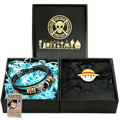 One Piece Monkey D. Luffy 3PCS Jewelry Set, Wanted Poster Necklace + Straw Hat Bracelet + Enamel Pin, Anime Collectible Accessory Bundle